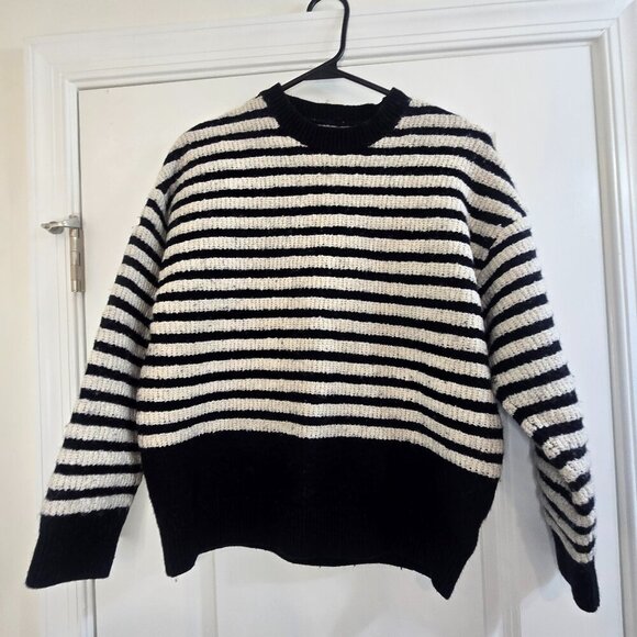 All Saints Keet Crew Sweater - Breton Stripe in Naval Blue and White - Picture 2 of 7